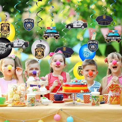 Miniatura 5 de Sumind 32 piezas de decoraciones de fiesta de cumpleaños de policía, kit de remolinos de decoración de fiesta de policía con 2 carteles de feliz