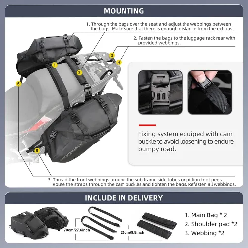 Miniatura 4 de Rhinowalk Bolsas de sillín impermeables antivibración para motocicleta, bolsas laterales para moto, bolsas de hombro para moto, alforjas de moto 18L