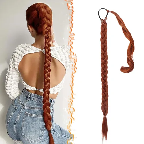 Miniatura 63 de Barsdar Extensión de 26 Pulgadas de Cola de Caballo Trenzada Larga con Banda Elástica - Extensiones de Cabello en Cola de Caballo Recta y Elegante