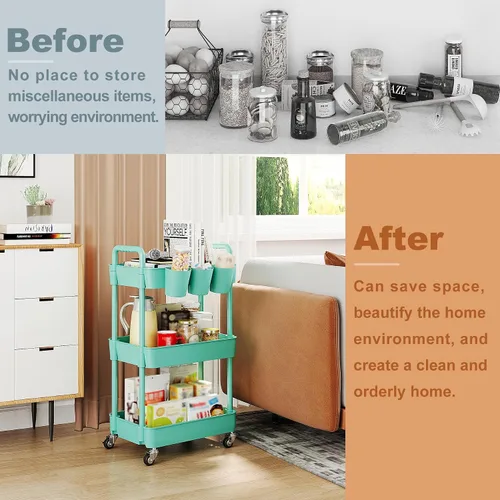 Miniatura 7 de UDEAR Carrito utilitario rodante de 3 niveles, estantes de almacenamiento multifuncionales con asa y ruedas con cerradura para habitación, oficina