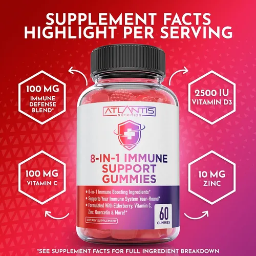 Miniatura 6 de Atlantis Nutrition Gomitas de apoyo inmunológico 8 en 1 con saúco Suplemento inmunológico con saúco, quercetina, zinc, vitamina C - Potenciadores