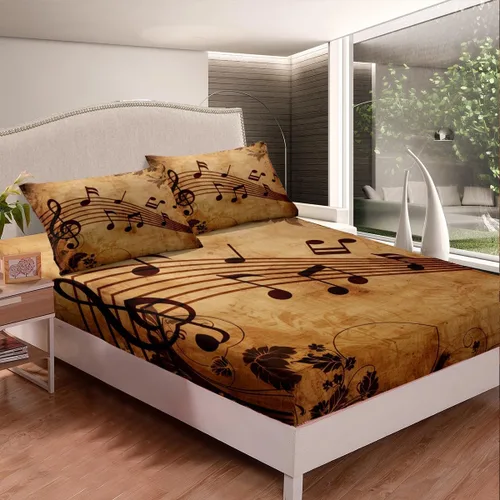 Miniatura 2 de Manfei Sábana bajera ajustable musical tamaño individual, juego de ropa de cama con estampado de notas musicales retro para niños y niñas, Marrón