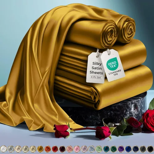 Miniatura 37 de DECOLURE Sábanas de satén para cama - Juego de 6 piezas de ropa de cama de lujo sedosa tamaño King - Más suave que la seda, sin arrugas con sábana