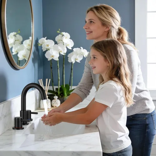 Miniatura 4 de FGKQ Grifo de baño negro para lavabo de 3 orificios, grifo de lavabo de baño con desagüe emergente, grifo de tocador extendido de 8 pulgadas de 3