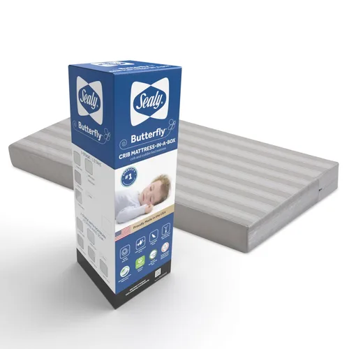 Miniatura 12 de Sealy Baby Colchón para cuna con diseño de mariposa y ajuste de cama infantil, espuma americana de primera calidad, lavable y fácil de limpiar, Raya