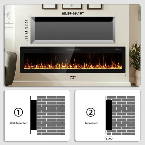 Miniatura 6 de Chimenea Eléctrica Empotrada y de Montaje en Pared Mejorada 2025 de 72", Chimeneas de Fuego Beleze Ultra Delgadas y Estrechas con Control Remoto