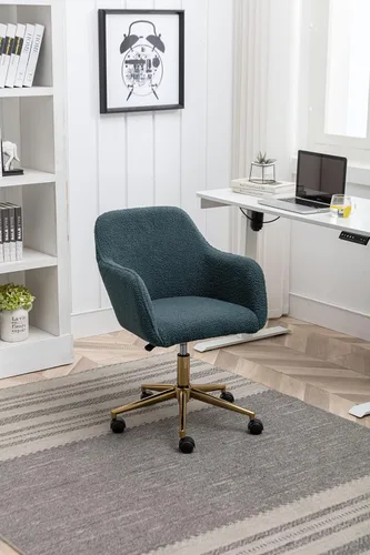 Miniatura 4 de Silla de oficina en casa, moderna silla de escritorio de tela de peluche copetuda con respaldo medio, silla giratoria ajustable para oficina