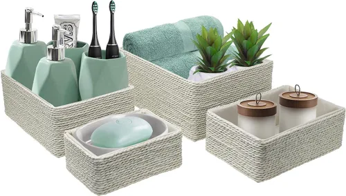 Sorbus Cestas de almacenamiento de 4 piezas, cesta tejida apilable, cajas de papel para maquillaje, suministros de oficina, dormitorio, armario Beige