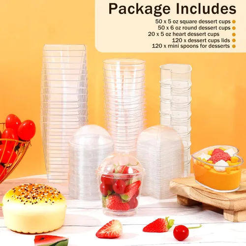 Miniatura 3 de Paquete de 360 tazas de postre de 5 onzas y 6 onzas con tapas y cucharas, 3 estilos de vasos de plástico transparente para aperitivos, desechables