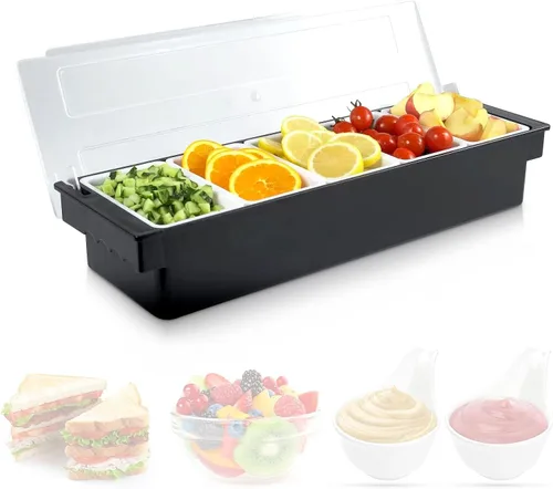 Carrito de frutas, verduras y condimentos con tapa, 5 compartimentos extraíbles, bandeja de guarnición enfriada con hielo para camareros,