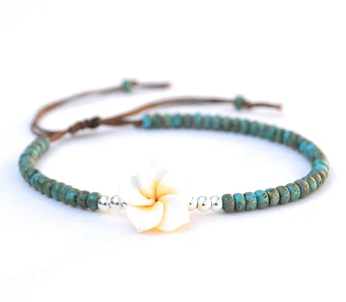 Boho Beaded Anklet for Women and Teen Girls, Unique Bohemian Turquoise and Sterling Silver Beaded Anklet with Hawaii Hawaiian Plumeria Flower,