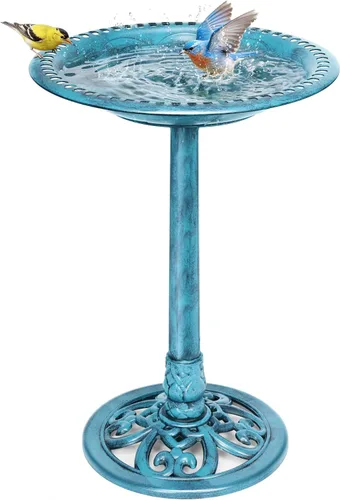 VIVOHOME baño para pájaros, de polirresina, de 28 pulgadas de alto, antiguo, para exteriores, para el jardín, con base con flores, azul