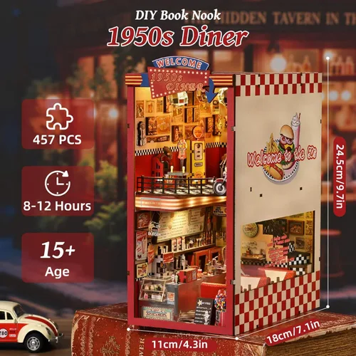 Miniatura 5 de fifijoy Kit de rincón de libros - Kit de casa de muñecas en miniatura DIY para adultos y adolescentes, decoración retro de estantería de restaurante