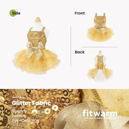 Miniatura 3 de Fitwarm Vestido tutú para perro con lentejuelas brillantes, traje de Navidad de lujo para perros pequeños y niñas, ropa para mascotas, color dorado