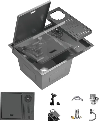 Topmount - Fregadero de barra de acero inoxidable de 21.6 x 17.7 pulgadas, fregadero de cocina con lavadora de taza de presión y grifo plegable