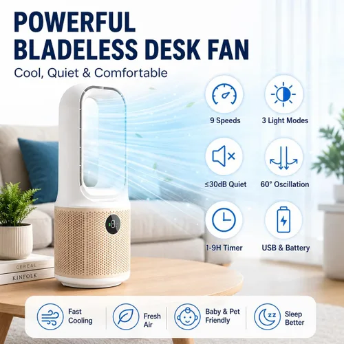 Miniatura 2 de Ventilador de escritorio, pequeño ventilador silencioso sin aspas con ajuste de 9 velocidades y 3 modos de luz, recargable por USB de 14 pulgadas