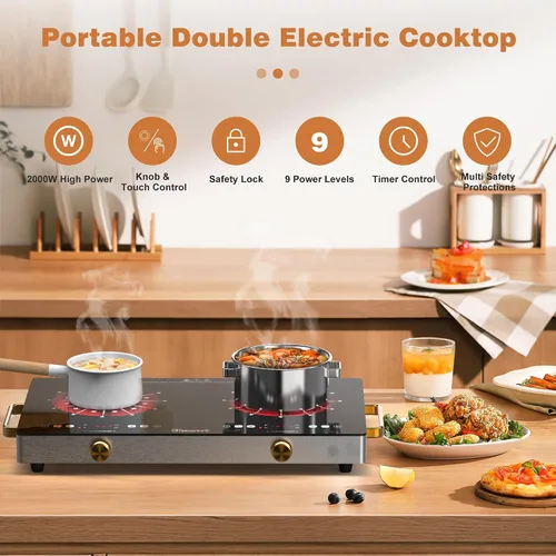 Miniatura 2 de Estufa eléctrica de 2 quemadores de 110 V - 24 pulgadas (22.2 x 13.07 pulgadas) con asas de 2000 W, quemador de cerámica de dos quemadores