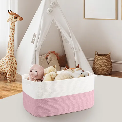 Miniatura 5 de MEGASKET Cesta de almacenamiento grande de color rosa, 22 x 17 x 12 pulgadas, contenedor rectangular de cuerda de algodón para organizar, Blanco