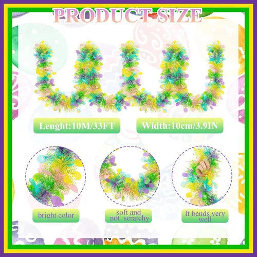 Miniatura 2 de Guirnalda de oropel de Pascua de 33 pies con diseño de huevo de Pascua metálico con confeti, guirnalda colgante de primavera, decoración para árbol