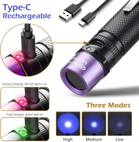 Miniatura 2 de Linterna UV Blacklight 365nm UV304 – Recargable, de alta potencia, compacta, impermeable, duradera, ideal para curado con pegamento UV, manchas