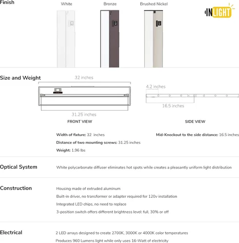 Miniatura 5 de Luz LED GetInLight, regulable, con certificación ETL, para debajo de los armarios, con 3 niveles de color: blanco cálido 2,700 K, blanco suave 3,000