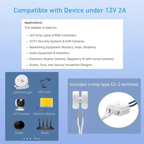 Miniatura 4 de Adaptador de fuente de alimentación de 12 V, 2 A, convertidor de 24 W CA/CC de 100 V-240 V a 12 voltios y extremos de cable desnudo + terminales