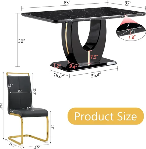 Miniatura 4 de Juego de 6 sillas de mesa de comedor para 6, juego de 6, moderno juego de comedor con mesa de comedor de mármol de 63 pulgadas, sillas tapizadas