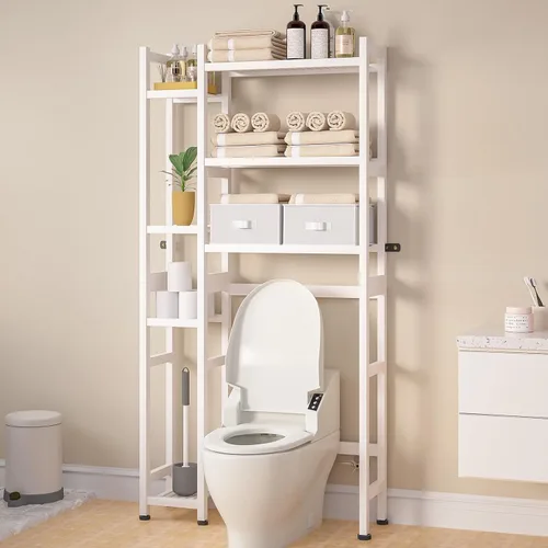 Miniatura 12 de Homde Organizador de Almacenamiento Sobre el Inodoro con Cesta y Cajón, Organizador de Baño de Bambú con Estante Ajustable y Patas Impermeables