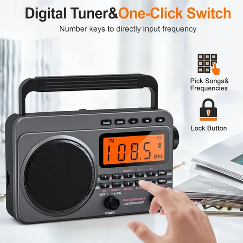 Miniatura 5 de Radio portátil con la mejor recepción, radio digital recargable de 4000 mAh AM FM portátil con tarjeta SD/reproducción USB, sintonizador digital