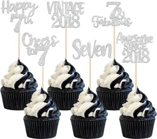 Miniatura 99 de Rsstarxi Paquete de 24 adornos para cupcakes vintage 2019 con purpurina negra para 5º cumpleaños, saludos a 5, cinco, 5, 5 fabulosos para cupcakes
