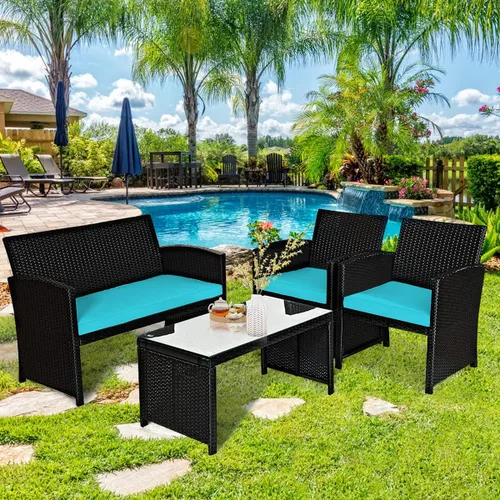 Miniatura 2 de Tangkula Juego de muebles de mimbre para patio de 4 piezas, juego de sofá y mesa Patiojoy con 4 asientos, juego de sofá de ratán al aire libre