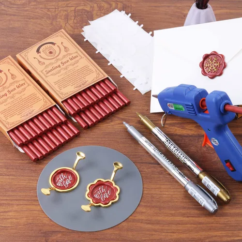 Miniatura 2 de Juego de sellos de cera, 40 varillas de cera de sellado rojo metálico con pistola de pegamento, moldes de sellado de cera, alfombrilla de silicona