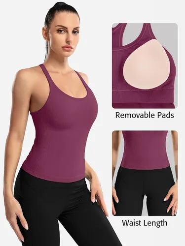 Miniatura 115 de ATTRACO Camiseta corta acanalada de entrenamiento para mujer con brasier integrado para yoga, espalda cruzada, ajuste ajustado