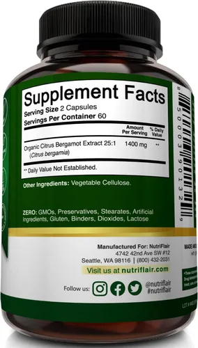 Miniatura 7 de NutriFlair Bergamota cítrica orgánica de 1400 mg, 120 cápsulas – Bergamia 25:1 – Aceite esencial y bioflavonoides cítricos – Suplementos naturales