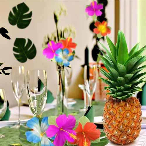 Miniatura 7 de KUUQA 60 piezas de suministros de decoración de fiesta tropical de 8 pulgadas, hojas y flores de hibisco Palmtera, hoja de simulación para fiesta