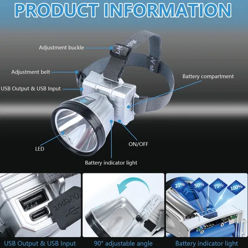 Miniatura 2 de Linterna frontal recargable súper brillante de alta potencia, lámpara LED recargable, luces LED para la frente, faro frontal impermeable con luces