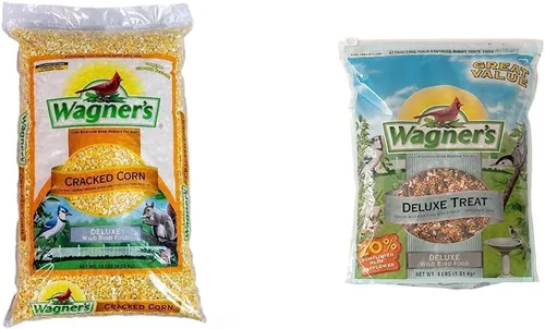 Wagner's 18542 Alimento para pájaros silvestres de maíz agrietado, bolsa de 10 libras y 62067 Deluxe Treat Blend Alimento para aves silvestres, 4