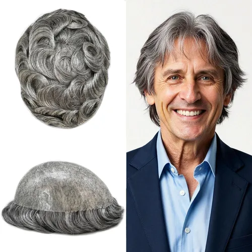 Miniatura 94 de Toupee para hombres de piel fina inyección de PU unidad de peluca para hombre, pieza de cabello humano natural real, sistema de repuesto