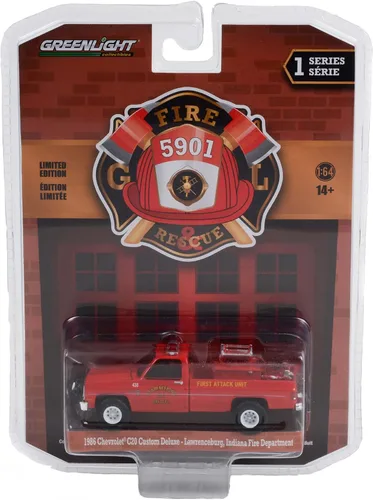 Miniatura 2 de 1986 Chevy C20 Custom Deluxe Pickup Truck Red First Attack Unit with Fire Accessories Lawrenceburg Fire Dept (in) 1/64 Diecast by Greenlight 67010 A