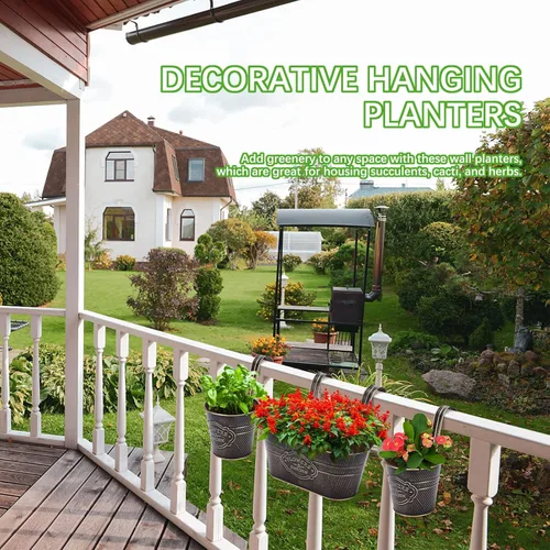 Miniatura 6 de PerGar Paquete de 3 macetas de metal para exteriores, macetas colgantes de 10.6 pulgadas con ganchos desmontables y agujeros de drenaje, jardineras