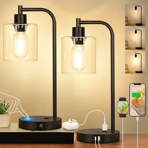 Miniatura 11 de Juego de 2 lámparas de mesa con control táctil industrial - Lámparas de mesita de noche en níquel cepillado con 2 puertos USB y enchufe de CA