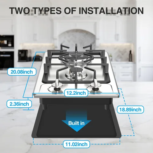 Miniatura 2 de ANHANE - Estufa de cocina a gas, 2 quemadores, portátil de acero inoxidable de 12 pulgadas, combustible dual GLP/NG, estufa de gas integrada, ideal