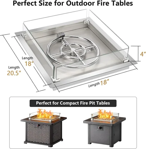Miniatura 2 de GRISUN Inserto para hoguera de 18 x 18 pulgadas, bandeja cuadrada de quemador de gas con protector de viento de vidrio y tapa de acero inoxidable