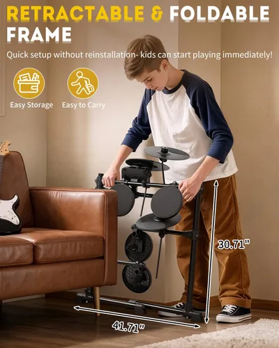 Miniatura 4 de Ktaxon Juego de batería eléctrica, batería electrónica con carga tipo C, USB MIDI, almohadillas silenciosas, platillos premium, pedales, trono