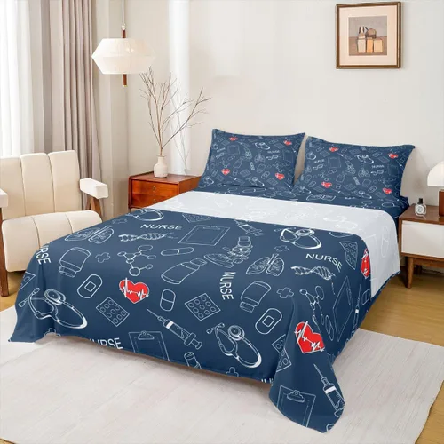 Miniatura 45 de Erosebridal Nurse Sheet Set Stethoscope Twin Sheets Set for Teen Boys,Colorful Medical Healthcare Heartbeat Syringe Fitted Sheet