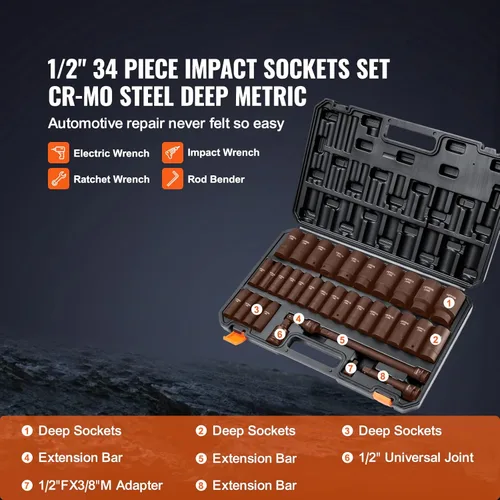 Miniatura 3 de Vevor - Juego de 34 vasos de impacto de 1/2 pulgada, métrico de 8 mm a 36 mm, de 6 puntas, de aleación de acero Cr-MO para reparación