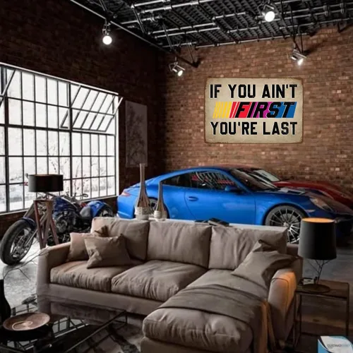 Miniatura 5 de Letrero de hojalata con texto en inglés "If You Ain't First You're Last Tin Sign" – Arte de pared de metal vintage de carreras para hombre, garaje