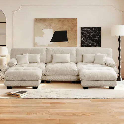 Miniatura 89 de Reposapiés Otomano Tapizado de Terciopelo con Cojín para Sofá Seccional Sofá 300 libras para Sala de Estar (Beige)