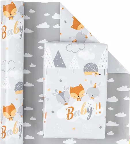 Miniatura 2 de WRAPAHOLIC Papel de regalo reversible para baby shower, mini rollo, 17 pulgadas x 33 pies, diseño de animales grises neutros, baby shower, Baby