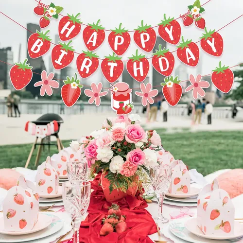 Miniatura 6 de SUNBEAUTY Pancarta de Feliz Cumpleaños de Fresa, Pancarta Colgante de Fiesta de Frutas Rojas Berry Sweet, Decoraciones de Cumpleaños de Fresa